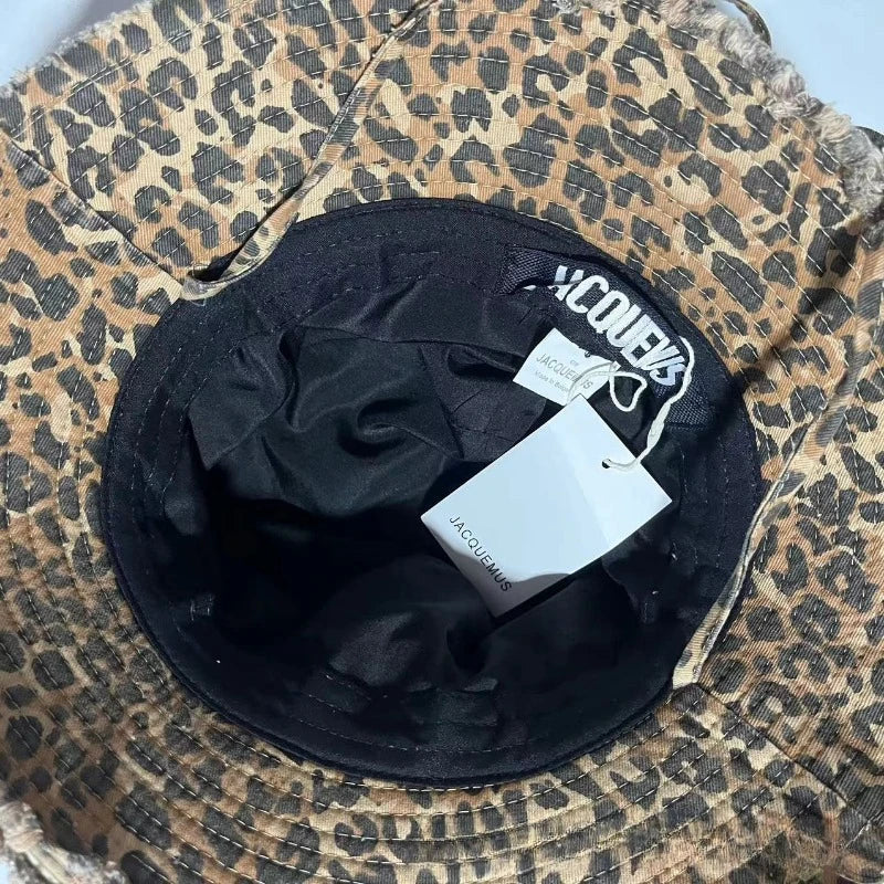 Retro Leopard Print Washed Fringed Fisherman Hat for Men and Women Seasonal Hanging Rope Outdoor Travel Basin Hat Sun Hat