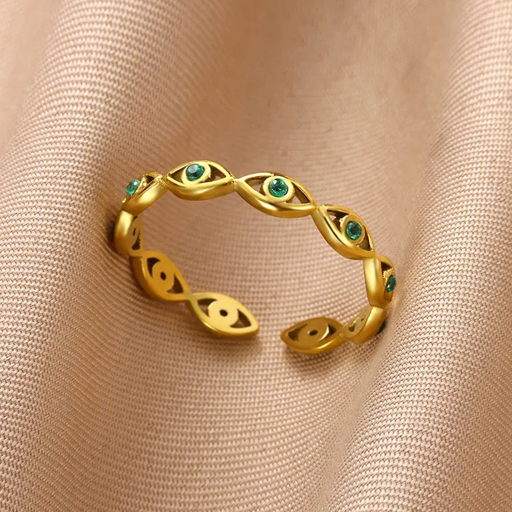 Dainty Zircon Shell Starfish Turtle Evil Eye Rings Stainless Steel Ring Women Anti Fading Golden Charm Jewelry Accessories Gifts