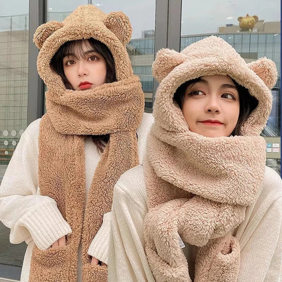 Cute Bear Ear Hat Fashion Winter Warm Comforts Polyester Thickened Plush Hoodie Hat Scarf Gloves Set Girl Kawaii Warm Casual Hat
