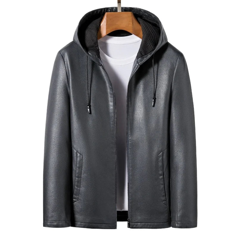 2024 High Quality Hooded Leather Fashion Handsome Trend Solid Color Casual Dad Dad Motorcycle Leather Jacket Upscale M-4XL