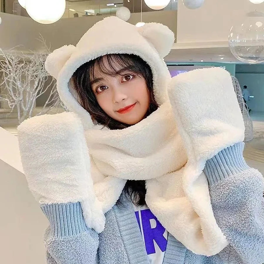 Cute Bear Ear Hat Fashion Winter Warm Comforts Polyester Thickened Plush Hoodie Hat Scarf Gloves Set Girl Kawaii Warm Casual Hat