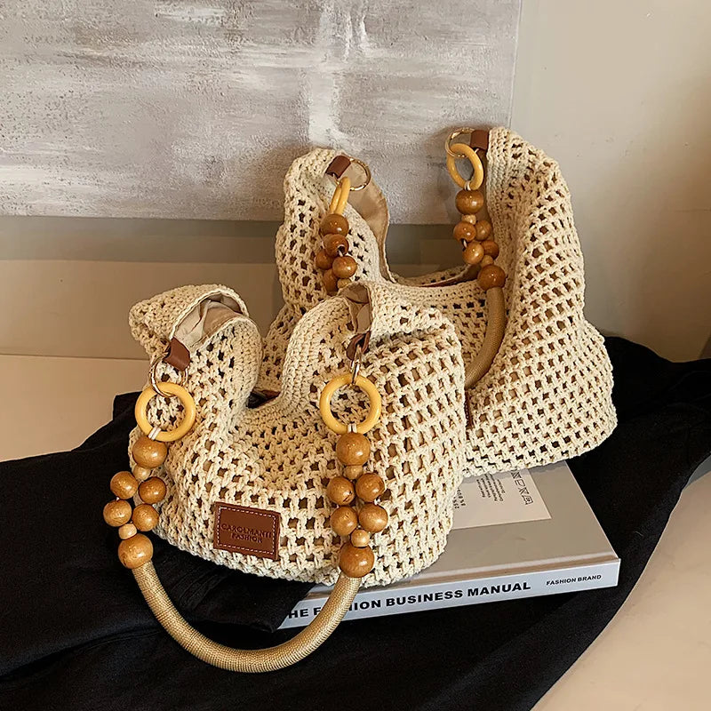 Beach Summer Bag for Women Mesh Woven Shoulder Bag Adjustable Strap Handbag Large Capacity Hobo Bag for Travel Vacation