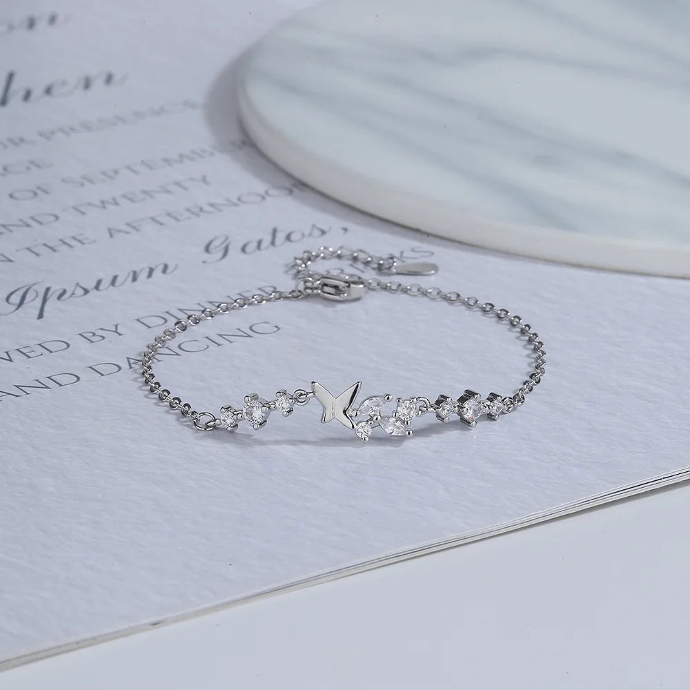 VENTFILLE 925 Sterling Silver Diamond-Studded Butterfly Bracelet Women's Fashion Temperament Flower Adjustable Bracelet
