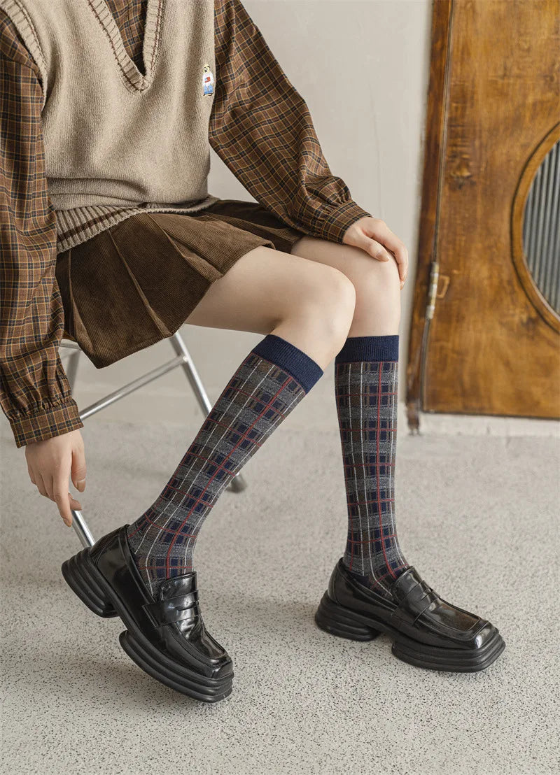 Stockings Women Harajuku Retro Vintage Plaid Long Socks Stocking JK College Style School Girls Cotton Knee Socks Women Stockings