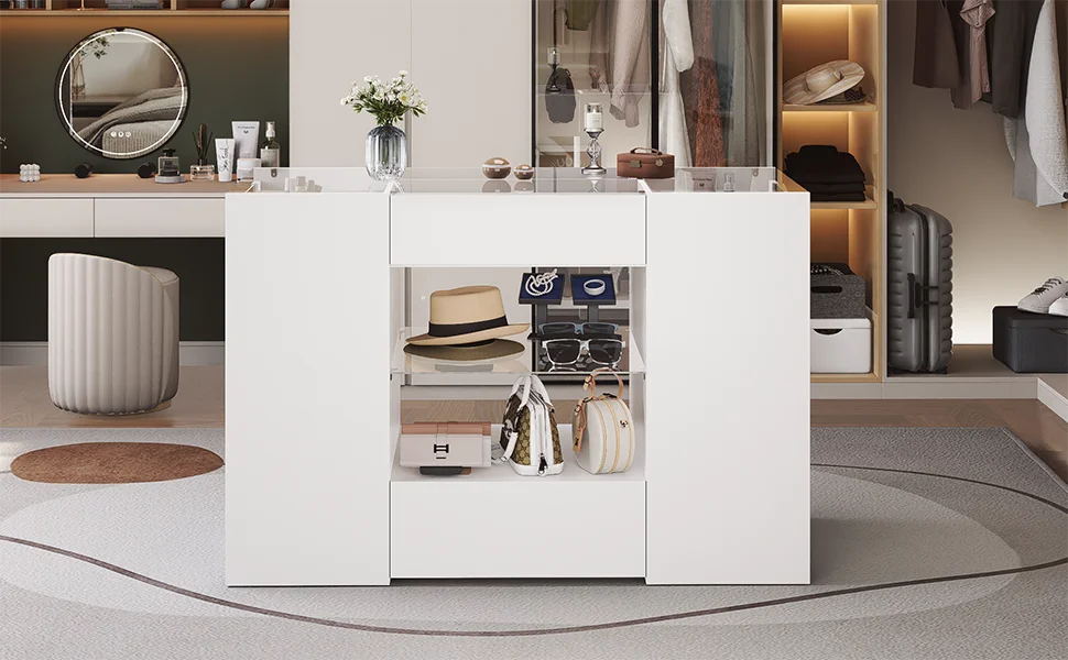 Closet Island with Drawers, Wardrobe Armoire Bedroom Island, Glass Display Shelf & 12 Drawers, White Dresser with Glass Top
