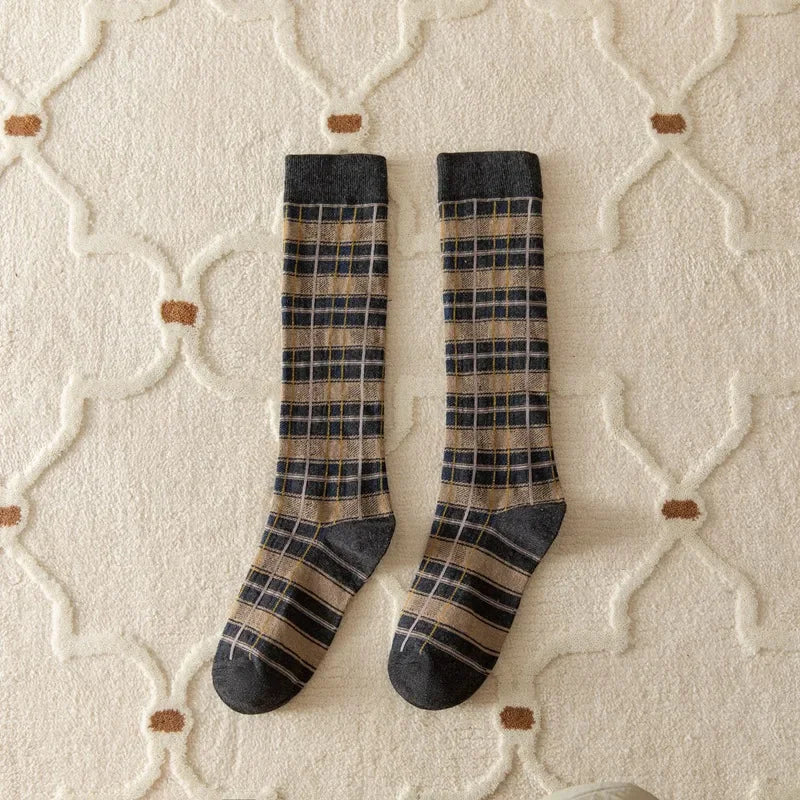 Stockings Women Harajuku Retro Vintage Plaid Long Socks Stocking JK College Style School Girls Cotton Knee Socks Women Stockings