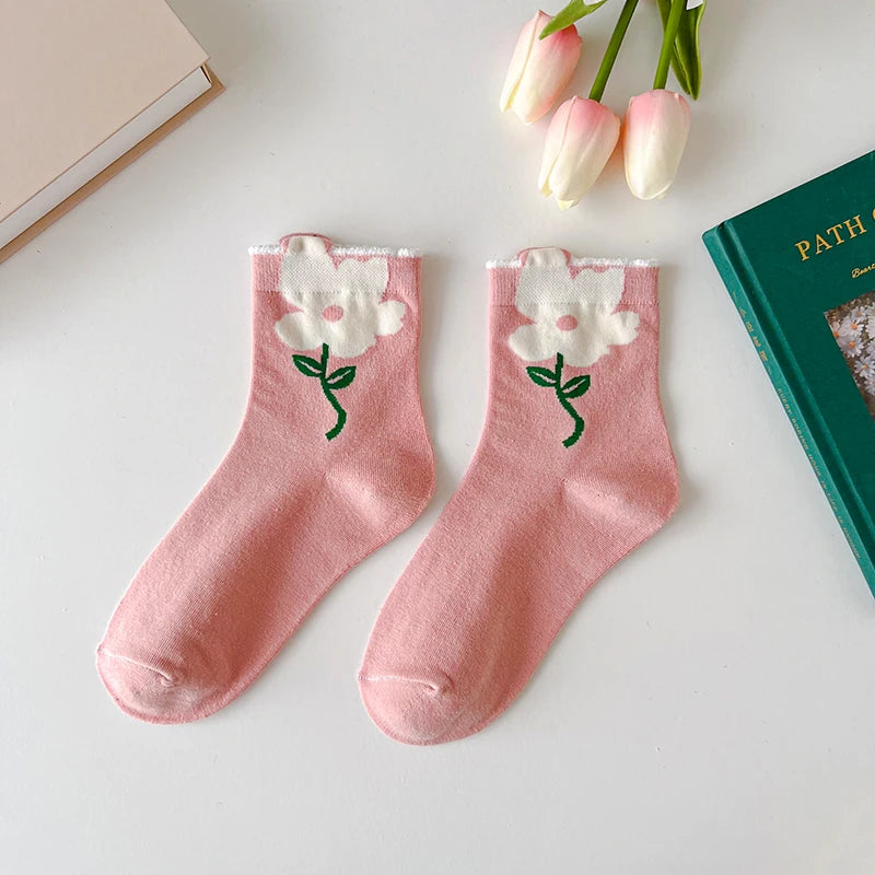 Women Socks Flower Rabbit Pattern Cute Kawaii Japanese Korean Style Cotton Harajuku Funny Breathable Casual Spring Floral Socks