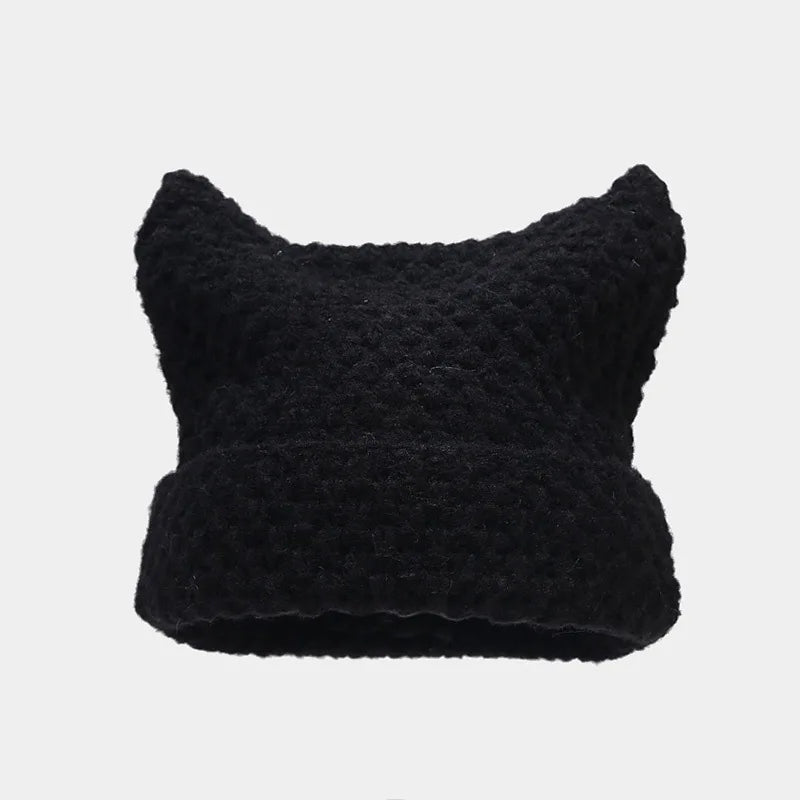 New Japanese Streetwear Harajuku Beanie Little Devil Striped Knitted Hat Women Girls Autumn Winter Cute Cat Ears Cap