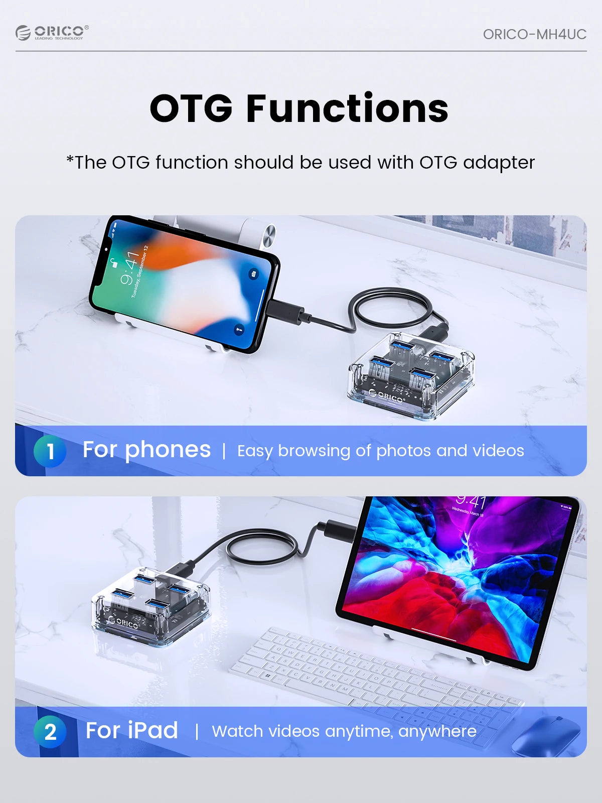 ORICO Transparent Usb C Hub 4 Port Expansion With Power Supply Interface Usb 3.2 Protocol High Speed Transmission OTG Dapter
