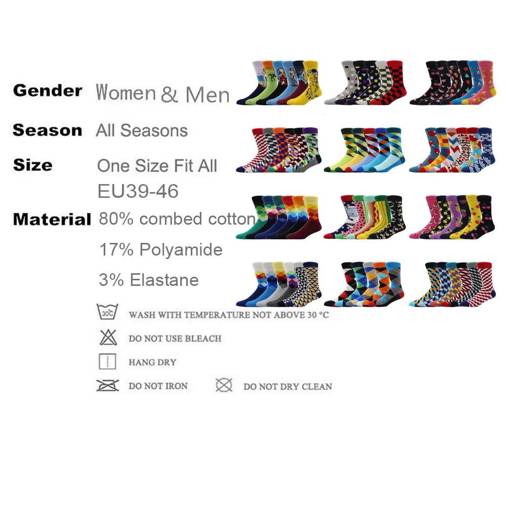 5-6 Pairs New High Quality Combed Cotton Men Socks Women Happy Fashion Novelty Skateboard Crew Casual Funny Socks for Men