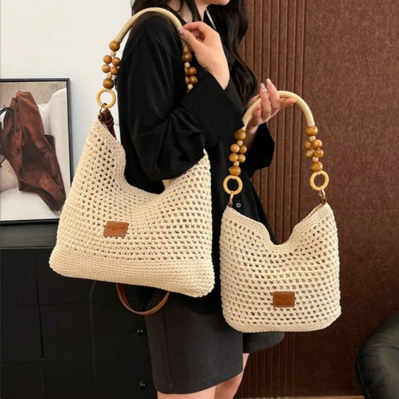 Beach Summer Bag for Women Mesh Woven Shoulder Bag Adjustable Strap Handbag Large Capacity Hobo Bag for Travel Vacation