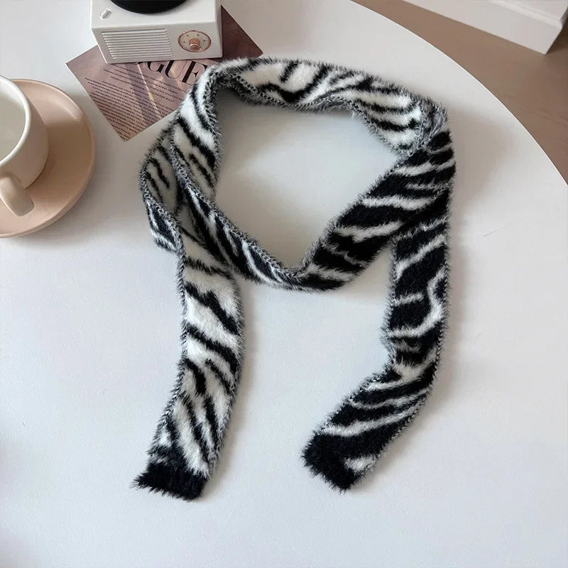 Striped Plush Scarf Women's Niche Design Sense Spice Girl Versatile Decoration Korean Version Thin and Narrow Long Scarf