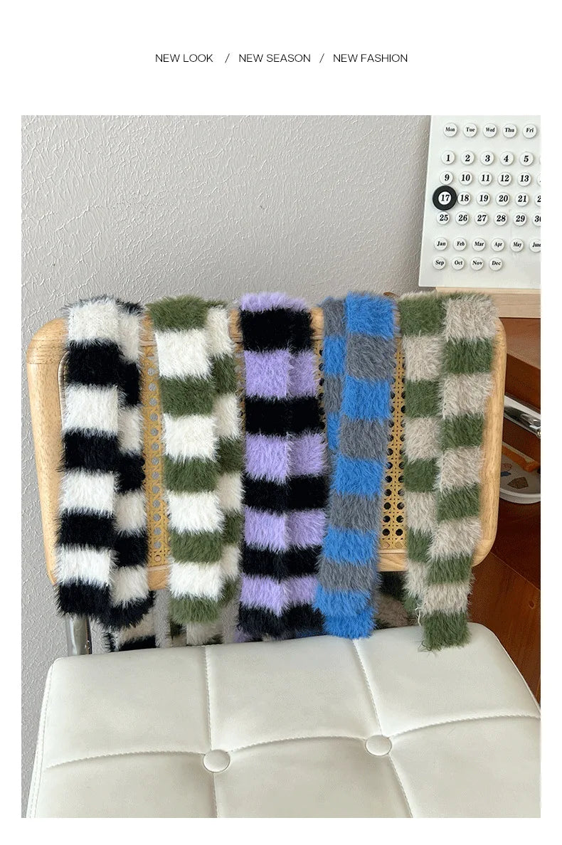 Striped Plush Scarf Women's Niche Design Sense Spice Girl Versatile Decoration Korean Version Thin and Narrow Long Scarf