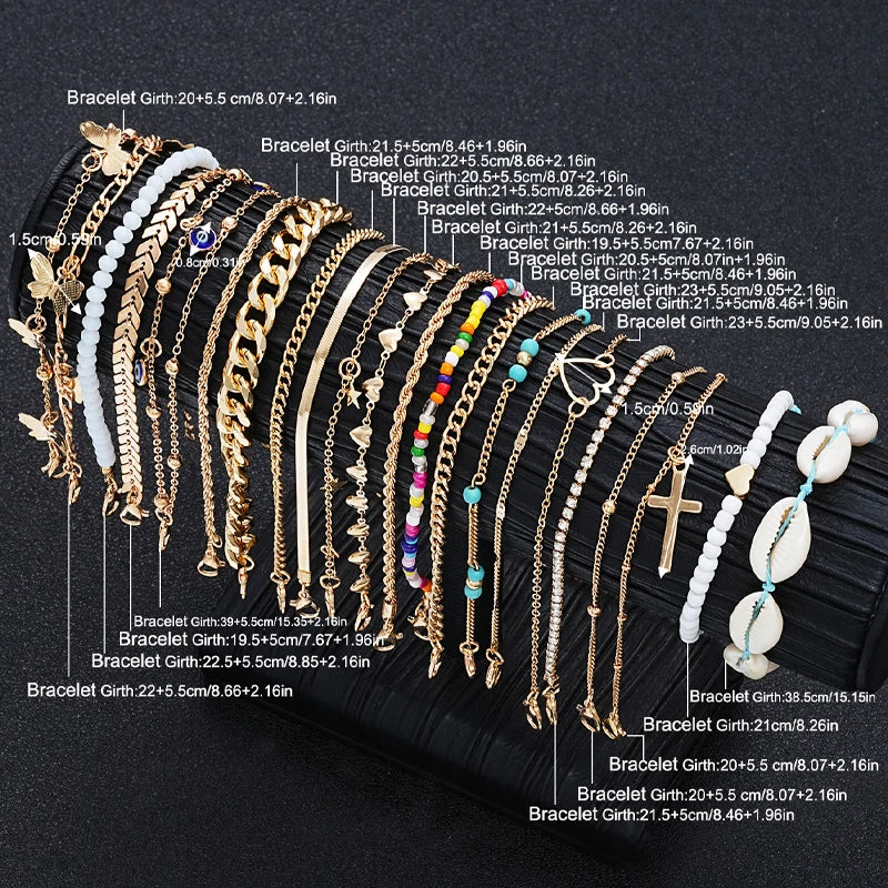 22 Pcs Minimalist Love Butterfly Shell Rhinestone Bead Anklet Set For Women Summer Beach Boho Anklets Fashion Jewelry Gifts 2024