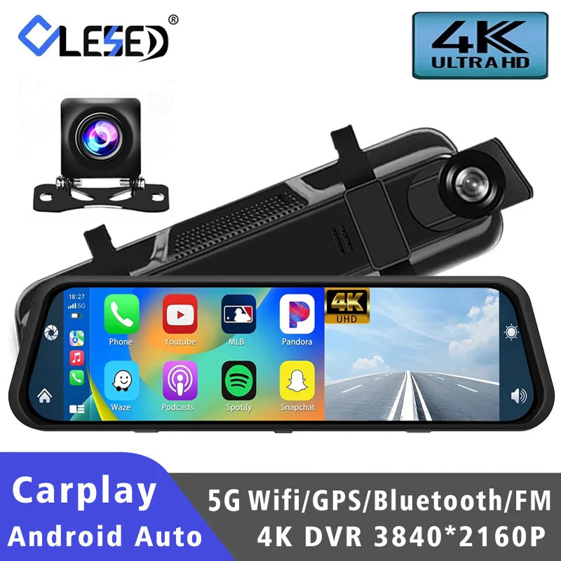 10" Dash Cam 4K 3840*2160P Car Dvr Carplay Android Auto GPS 5G WIFI AUX Stream RearView Mirror Dashcam Camera Drive Recorder FM