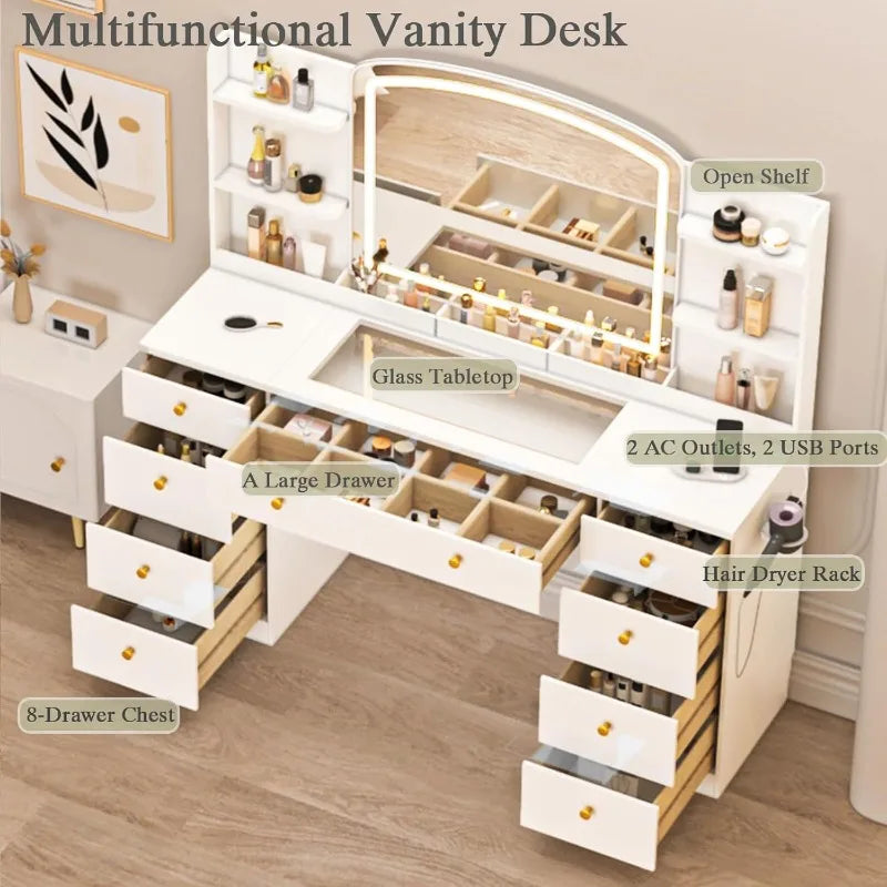 55 "Makeup Dresser with Mirror and LED Lights - Glass Top Dresser with Power Outlet and Storage Rack, Drawers