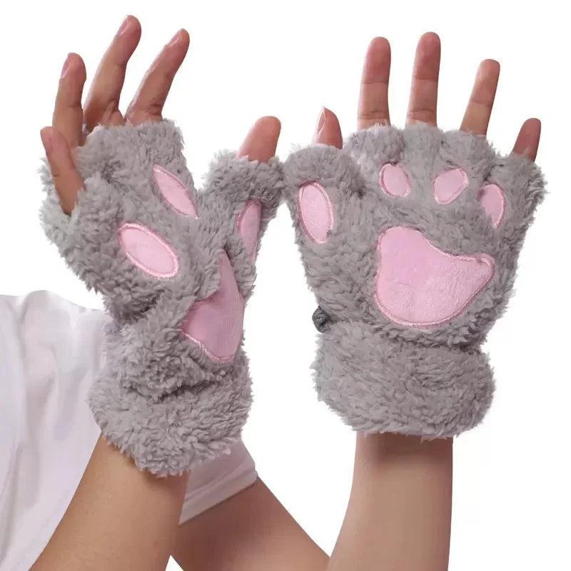 Lovely Plush Cat Claw Paw Gloves Plush Mittens Warm Soft Plush Short Fingerless Fluffy Bear Gloves Costume Half Finger Gloves