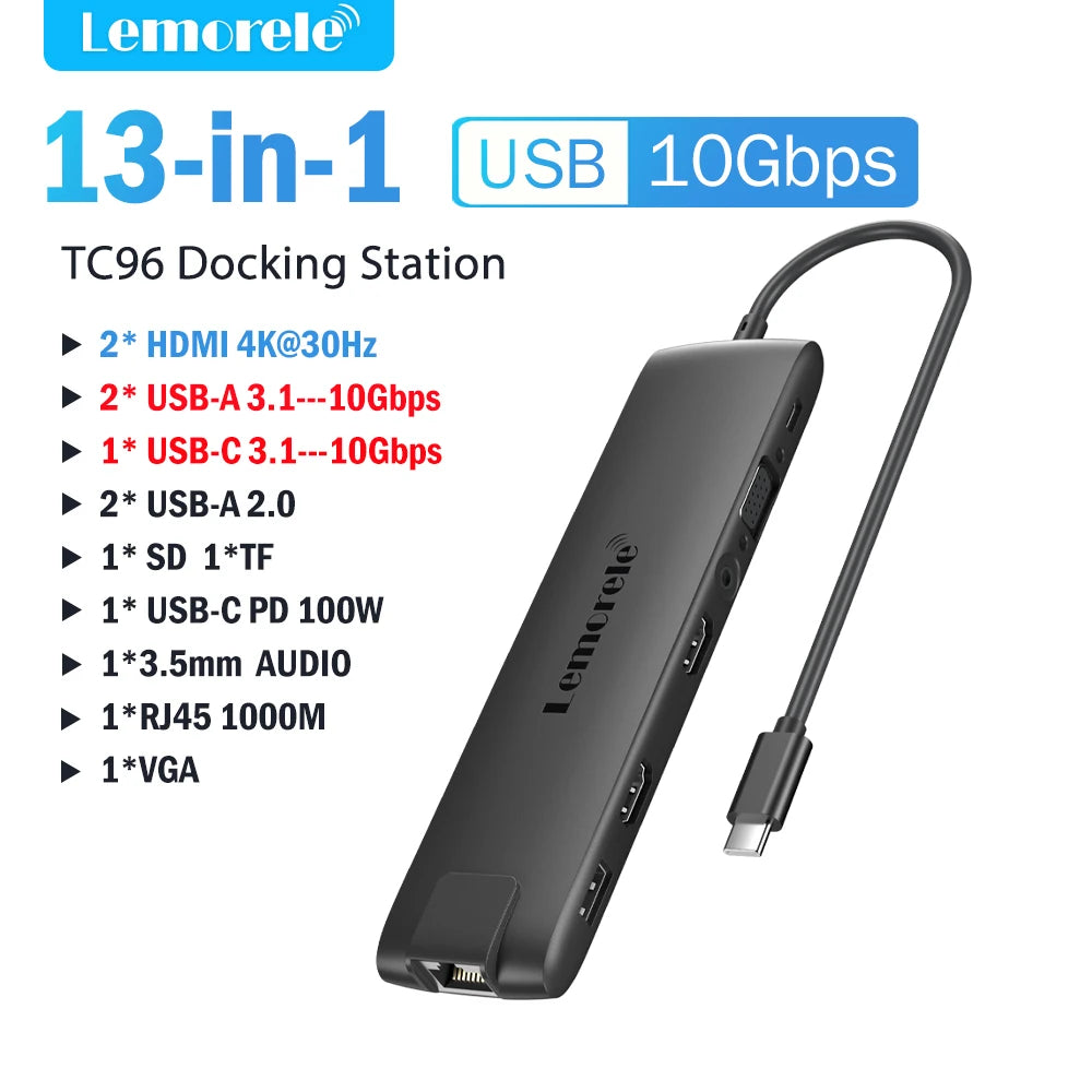 Lemorele 4K USB Hub USB C to Dual HDMI VGA Gigabit Docking Station USB 3.0 VGA Adapter SD Card Readers for Windows MacBook Air