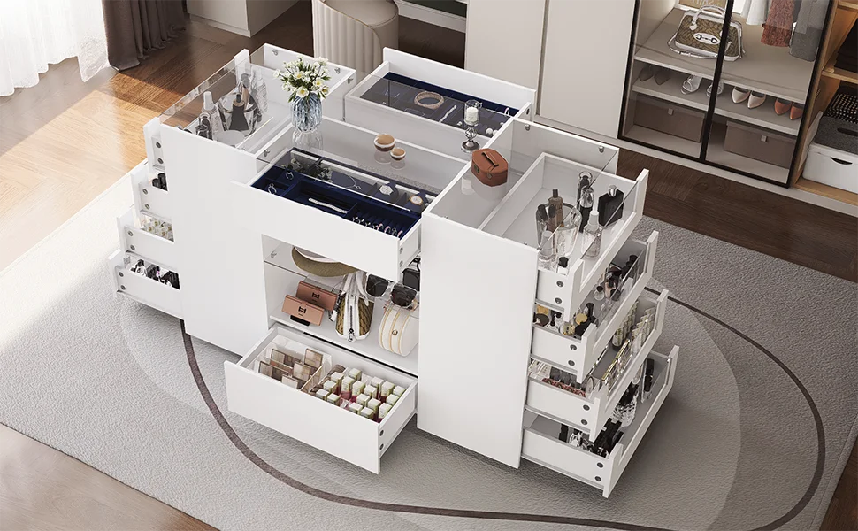 Closet Island with Drawers, Wardrobe Armoire Bedroom Island, Glass Display Shelf & 12 Drawers, White Dresser with Glass Top