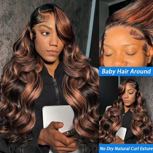 300% Density Ombre Highlight Body Wave 13x4 HD Lace Front Human Hair Wig Curly 1B/30 Black Brown Colored 13x6 Lace Frontal Wigs