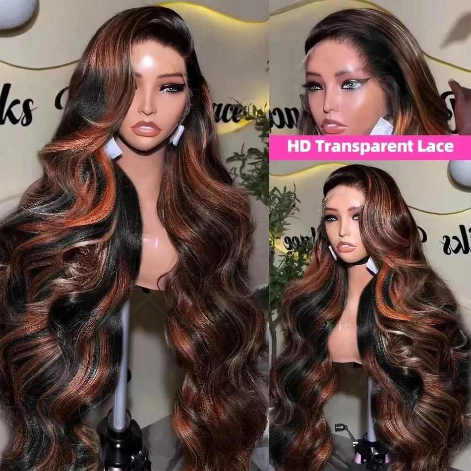 300% Density Ombre Highlight Body Wave 13x4 HD Lace Front Human Hair Wig Curly 1B/30 Black Brown Colored 13x6 Lace Frontal Wigs