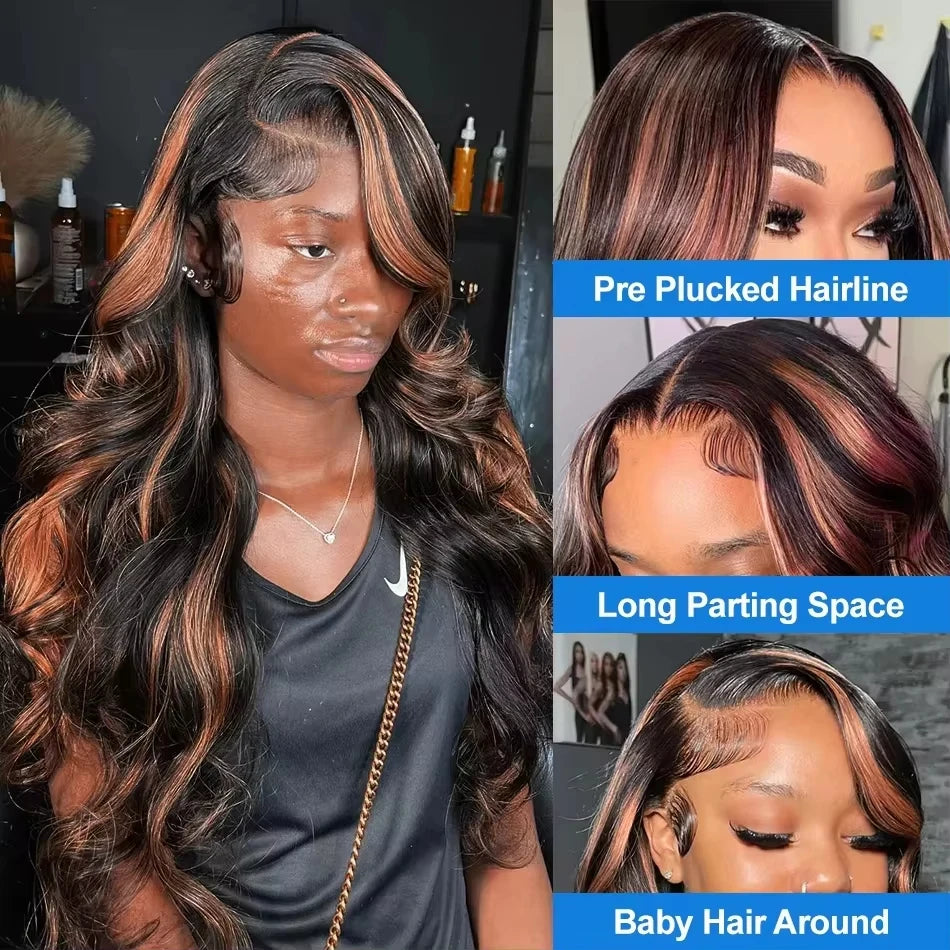 300% Density Ombre Highlight Body Wave 13x4 HD Lace Front Human Hair Wig Curly 1B/30 Black Brown Colored 13x6 Lace Frontal Wigs