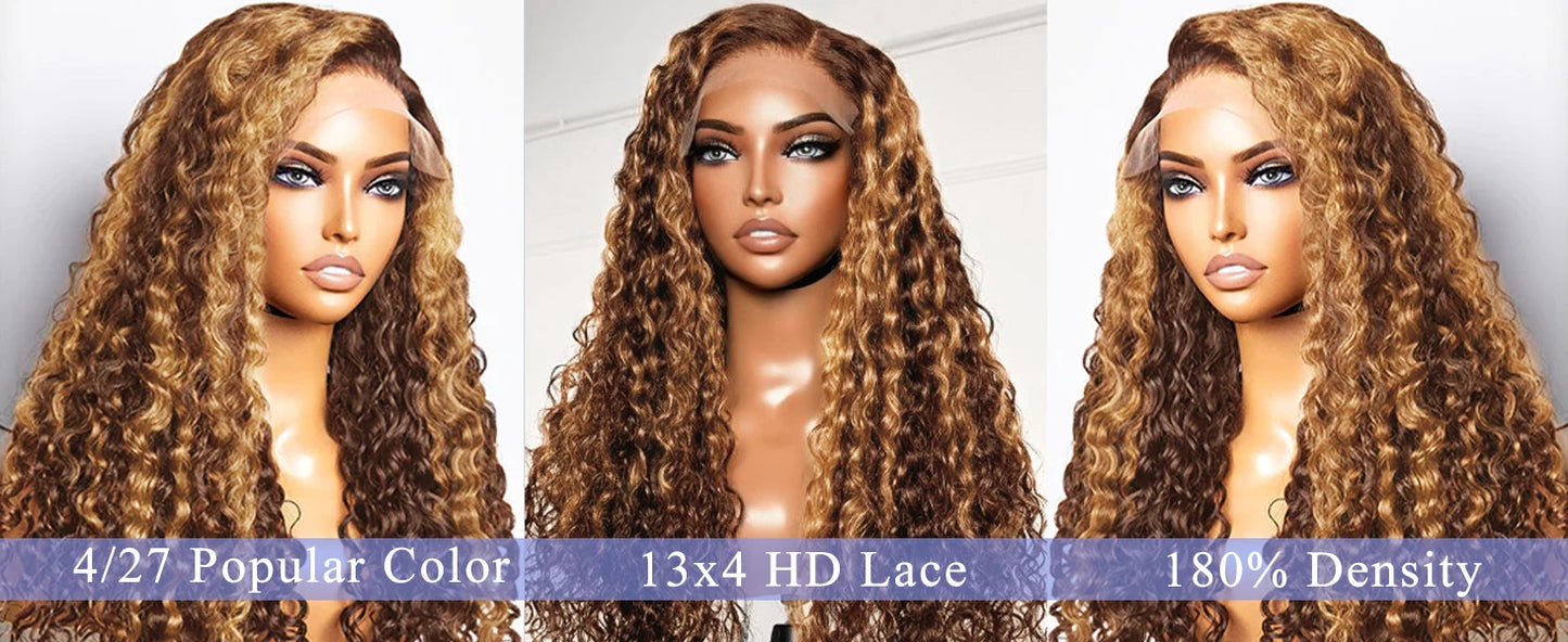 HD 13x6 Highlight Wig Human Hair Honey Blonde Brown Lace Front Wigs Deep Curly Human Hair Wig Water Wave 13x4 Lace Frontal Wig