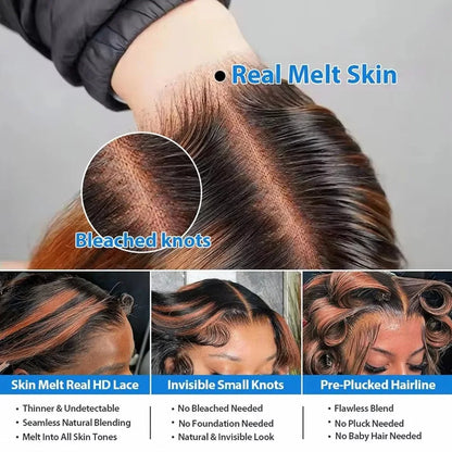 300% Density Ombre Highlight Body Wave 13x4 HD Lace Front Human Hair Wig Curly 1B/30 Black Brown Colored 13x6 Lace Frontal Wigs