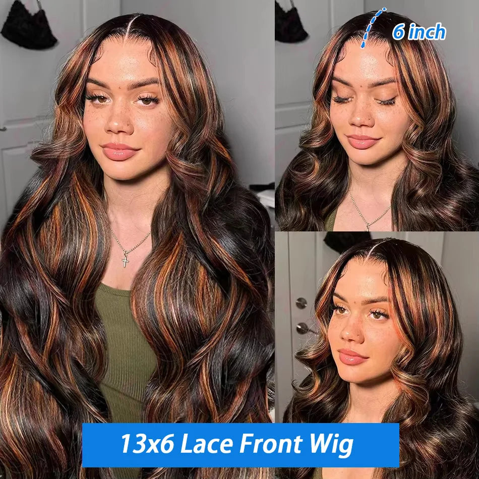 300% Density Ombre Highlight Body Wave 13x4 HD Lace Front Human Hair Wig Curly 1B/30 Black Brown Colored 13x6 Lace Frontal Wigs
