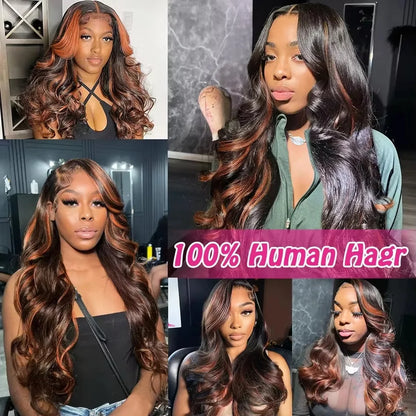 300% Density Ombre Highlight Body Wave 13x4 HD Lace Front Human Hair Wig Curly 1B/30 Black Brown Colored 13x6 Lace Frontal Wigs