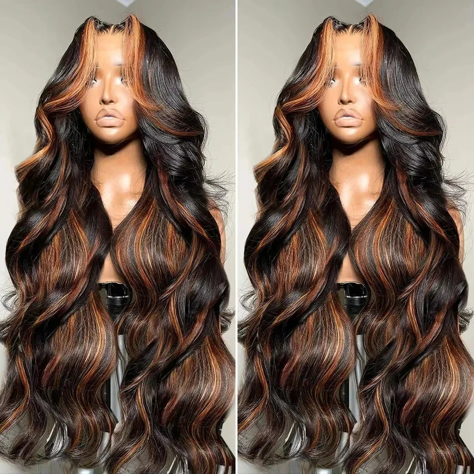 300% Density Ombre Highlight Body Wave 13x4 HD Lace Front Human Hair Wig Curly 1B/30 Black Brown Colored 13x6 Lace Frontal Wigs
