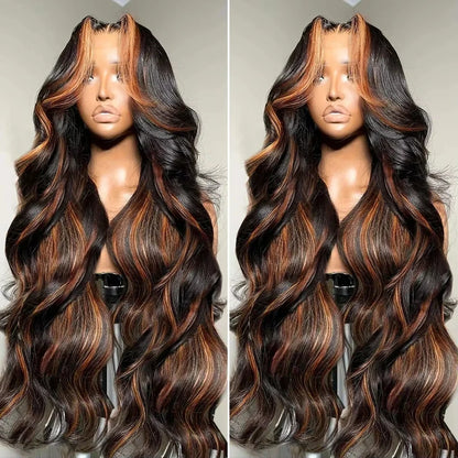 300% Density Ombre Highlight Body Wave 13x4 HD Lace Front Human Hair Wig Curly 1B/30 Black Brown Colored 13x6 Lace Frontal Wigs