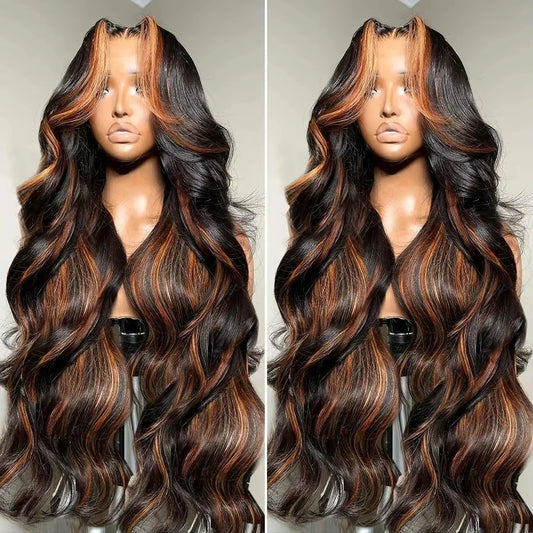 300% Density Ombre Highlight Body Wave 13x4 HD Lace Front Human Hair Wig Curly 1B/30 Black Brown Colored 13x6 Lace Frontal Wigs