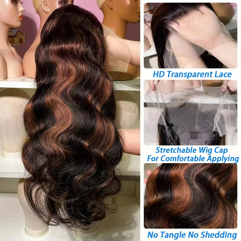 300% Density Ombre Highlight Body Wave 13x4 HD Lace Front Human Hair Wig Curly 1B/30 Black Brown Colored 13x6 Lace Frontal Wigs