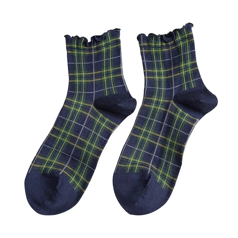 3 Pairs/lot Summer Short Socks Women Stringy Selvedge Girls Student Style Retro Ladylike Style JP Cotton Young Lady Plaid Ruffle