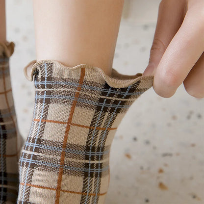 3 Pairs/lot Summer Short Socks Women Stringy Selvedge Girls Student Style Retro Ladylike Style JP Cotton Young Lady Plaid Ruffle