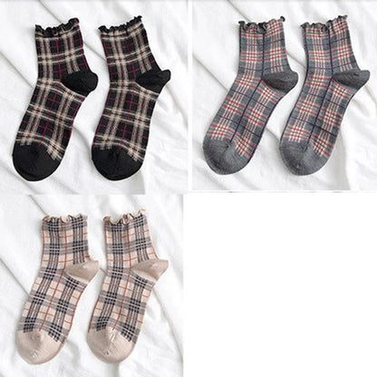 3 Pairs/lot Summer Short Socks Women Stringy Selvedge Girls Student Style Retro Ladylike Style JP Cotton Young Lady Plaid Ruffle