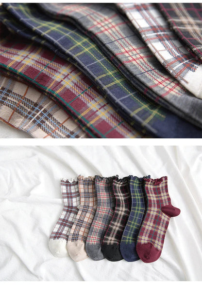 3 Pairs/lot Summer Short Socks Women Stringy Selvedge Girls Student Style Retro Ladylike Style JP Cotton Young Lady Plaid Ruffle