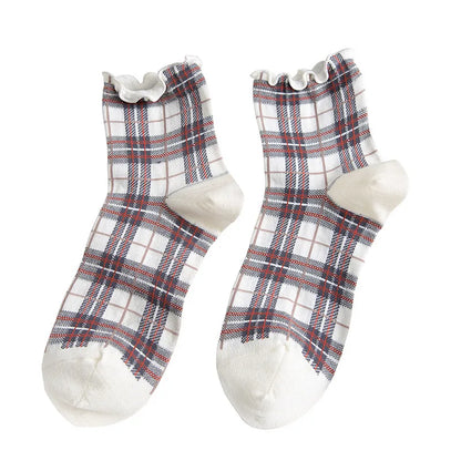 3 Pairs/lot Summer Short Socks Women Stringy Selvedge Girls Student Style Retro Ladylike Style JP Cotton Young Lady Plaid Ruffle