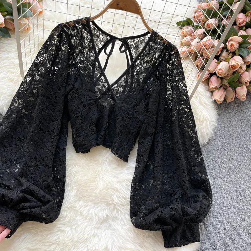 Autumn Black/White/Brown Sexy Lace Blouse Women Elegant V-Neck Puff Long Sleeve Open Back Short Tops Female Party Blusas 2021