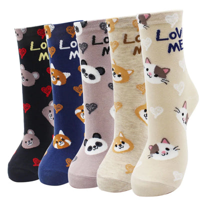 5 Pairs New Fashion Colorful Harajuku Korean Kawaii Cute Women Socks Cat Dog Owl Stripe Avocado Girl Cotton Cartoon Socks
