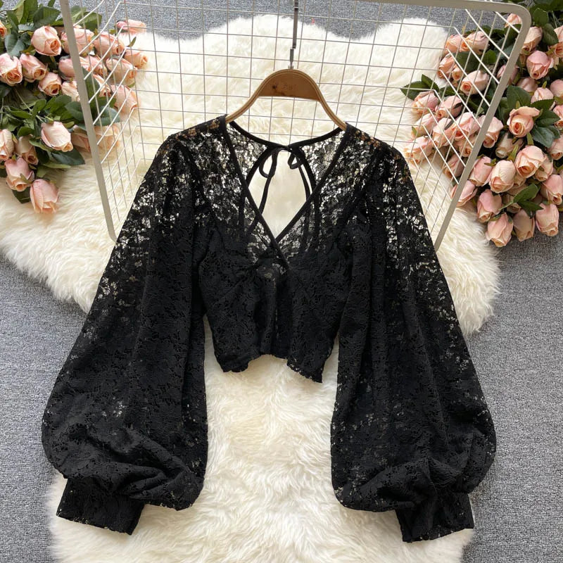Autumn Black/White/Brown Sexy Lace Blouse Women Elegant V-Neck Puff Long Sleeve Open Back Short Tops Female Party Blusas 2021