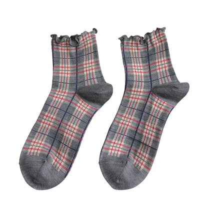 3 Pairs/lot Summer Short Socks Women Stringy Selvedge Girls Student Style Retro Ladylike Style JP Cotton Young Lady Plaid Ruffle