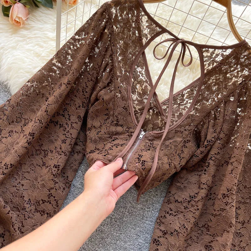 Autumn Black/White/Brown Sexy Lace Blouse Women Elegant V-Neck Puff Long Sleeve Open Back Short Tops Female Party Blusas 2021