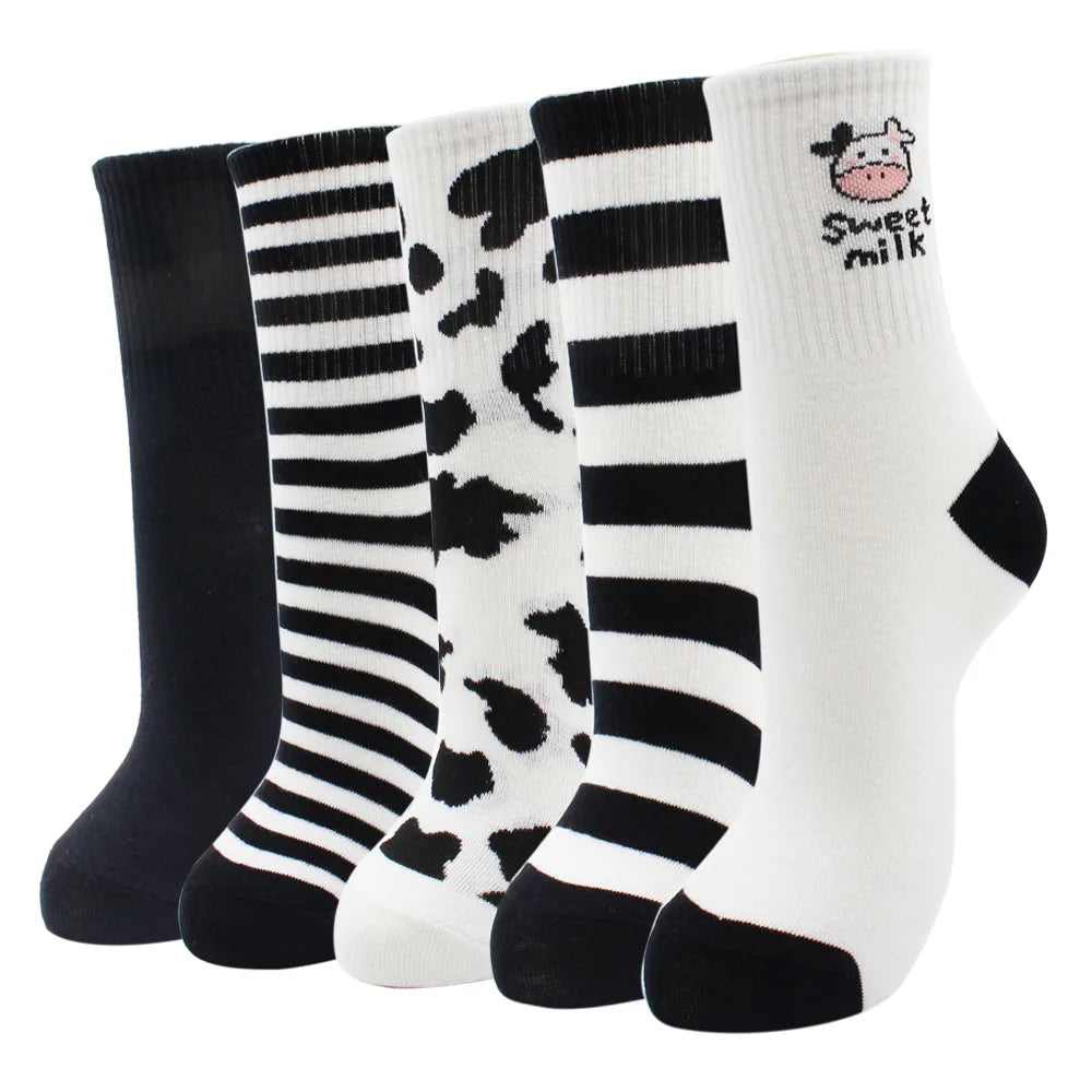 5 Pairs New Fashion Colorful Harajuku Korean Kawaii Cute Women Socks Cat Dog Owl Stripe Avocado Girl Cotton Cartoon Socks
