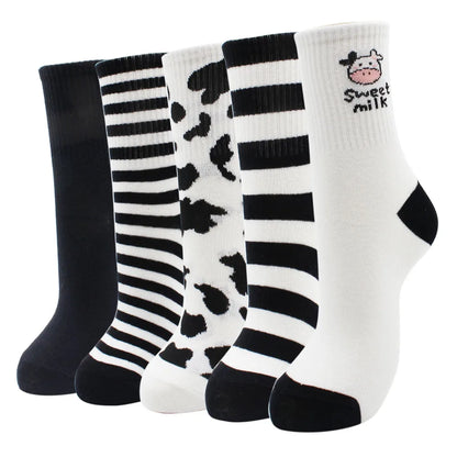 5 Pairs New Fashion Colorful Harajuku Korean Kawaii Cute Women Socks Cat Dog Owl Stripe Avocado Girl Cotton Cartoon Socks