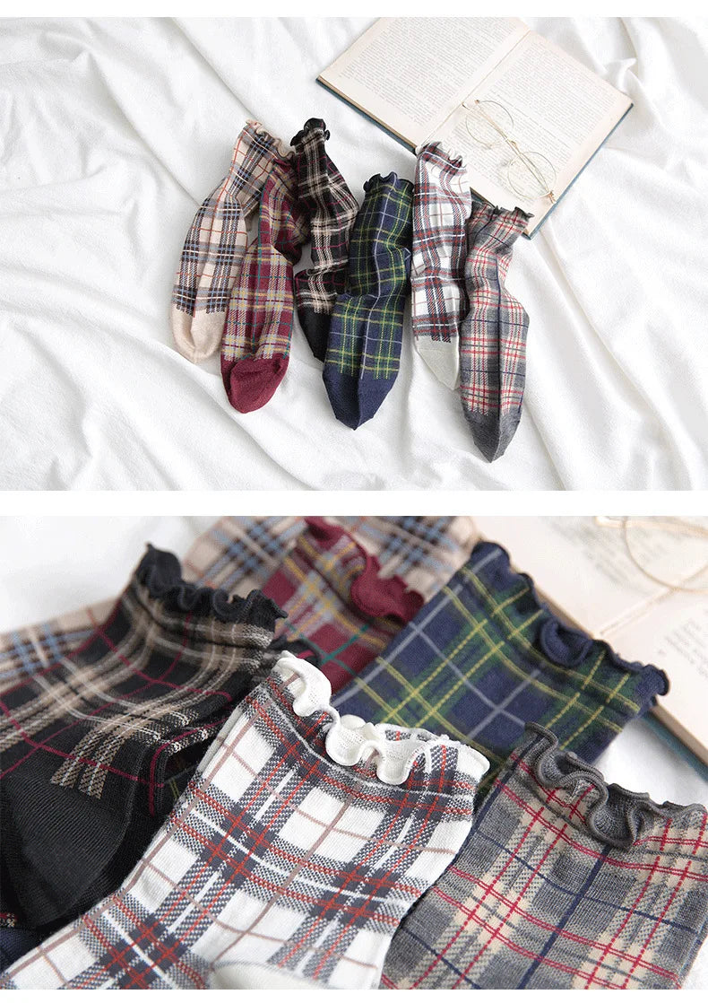 3 Pairs/lot Summer Short Socks Women Stringy Selvedge Girls Student Style Retro Ladylike Style JP Cotton Young Lady Plaid Ruffle