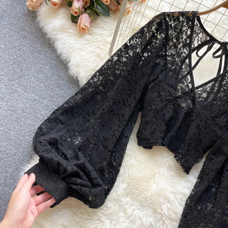 Autumn Black/White/Brown Sexy Lace Blouse Women Elegant V-Neck Puff Long Sleeve Open Back Short Tops Female Party Blusas 2021