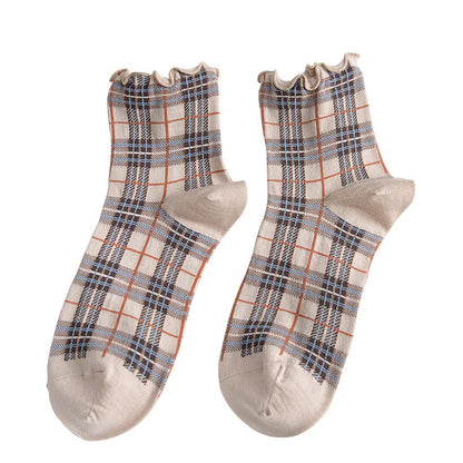 3 Pairs/lot Summer Short Socks Women Stringy Selvedge Girls Student Style Retro Ladylike Style JP Cotton Young Lady Plaid Ruffle