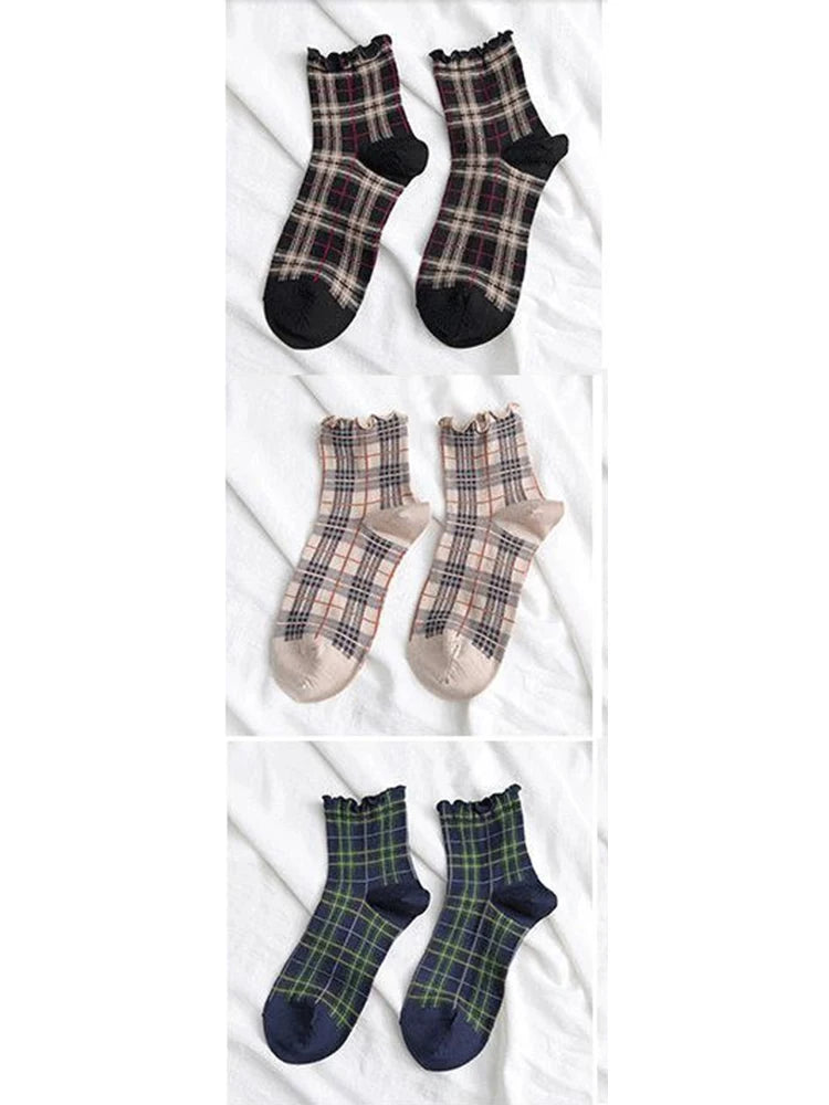 3 Pairs/lot Summer Short Socks Women Stringy Selvedge Girls Student Style Retro Ladylike Style JP Cotton Young Lady Plaid Ruffle